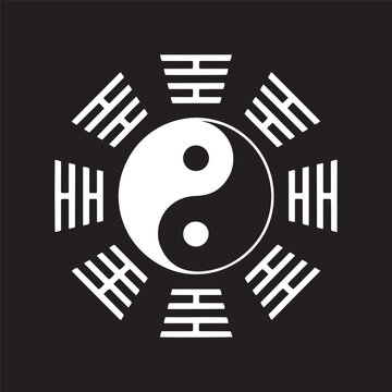 The Yin Yang symbol surrounded by the eight I Ching trigrams in white on a black background vector illustration