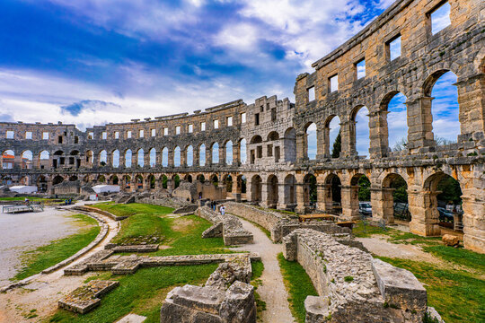 Pula, Croatia, 18 April 2025 - Inside of the Pula Arena, the old roman theater in the old town of Pula