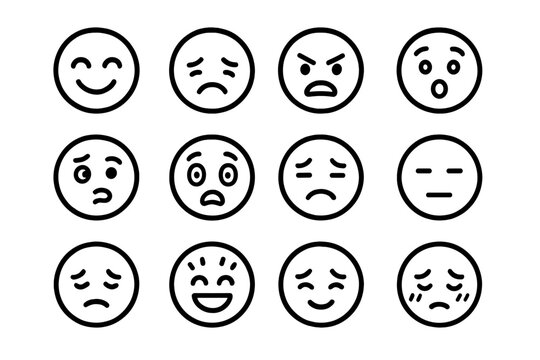 Emotion Icons Collection. Line style icons of basic emotions: happy face, sad face, angry face, surprised face, confused face,