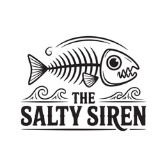A vintage-style logo for 'The Salty Siren' featuring a fish skeleton over waves for a seafood restaurant vector illustration