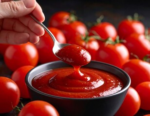 Hand holding spoon with tomato sauce, surrounded by tomatoes