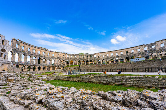 Pula, Croatia, 18 April 2025 - Inside of the Pula Arena, the old roman theater in the old town of Pula