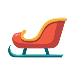 Cartoon illustration of a festive red and yellow sleigh with teal runners for the holidays.