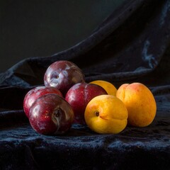 Generated image Still Life with Plums and Peaches on Dark Velvet 