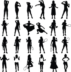 Silhouettes of women exercising, dancing, playing tennis, holding dumbbells, fitness workout, active lifestyle, sports poses, female athlete, dynamic movement, health
