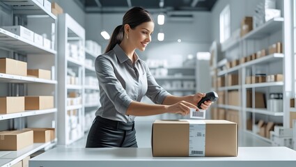 Efficient Operations: A focused professional in a retail distribution center, expertly scans a parcel amidst a backdrop of orderly shelves brimming with packages.