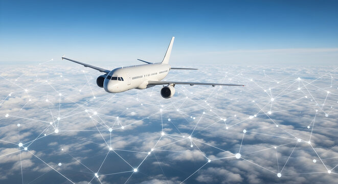 An airplane flies high above the clouds, representing global connectivity and modern air travel.