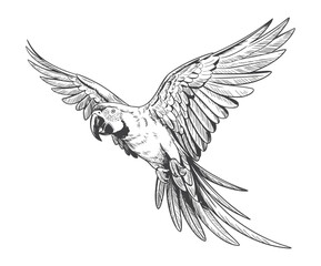 Vintage flying parrot illustration with wide wingspan. Engraved tropical macaw mid-flight with detailed feathers.
