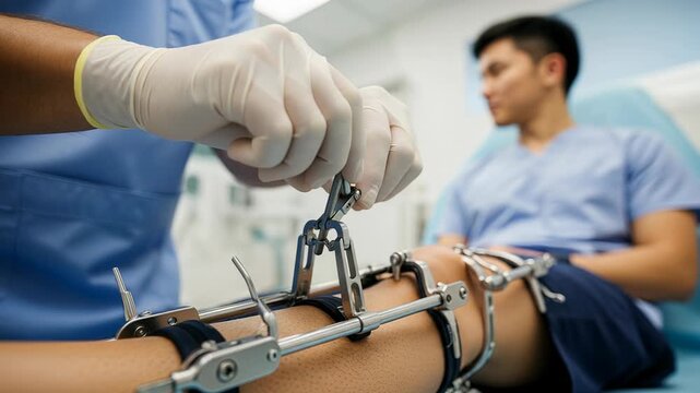 Orthopedic surgeon adjusts external fixator for limb lengthening in modern clinic setting