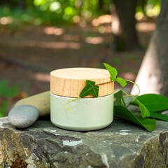 Generated image Sustainable Cosmetic Cream Jar with Green Accents and Stones 