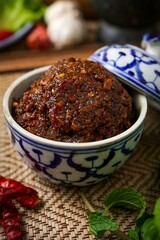 Close up of Thai chili paste on thai style kitchen background