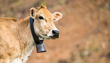 Fototapeta premium Generated image Tan Cow with Black Collar and Cowbell on Brown Background 