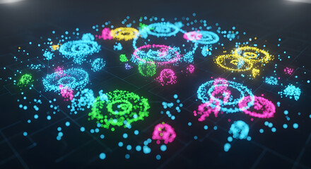 3D scatterplot with bright points, revealing hidden patterns in a large data set. Photorealistic, HD.