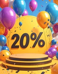 Generated image Twenty percent symbol discount. 20 - sale banner black flying foil balloons on yellow