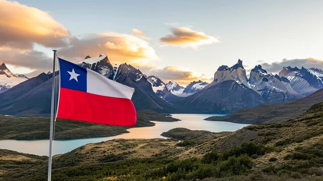 Flying Chilean flag over the scenic Patagonia mountains and lake at sunset