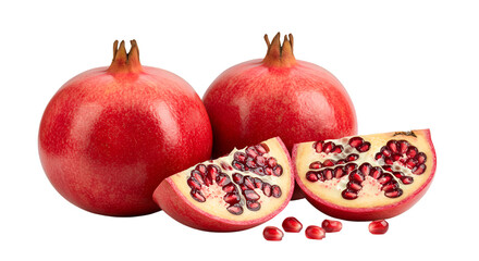 A close up of two whole pomegranates and two pomegranate slices on a black background studio shot isolated on transparent white background]