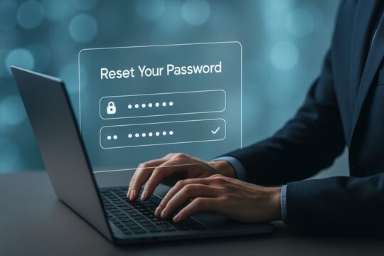 Password Reset: A sleek shot showing a person’s hand on laptop’s keyboard on which a digital interface displays a password reset prompt with login details.