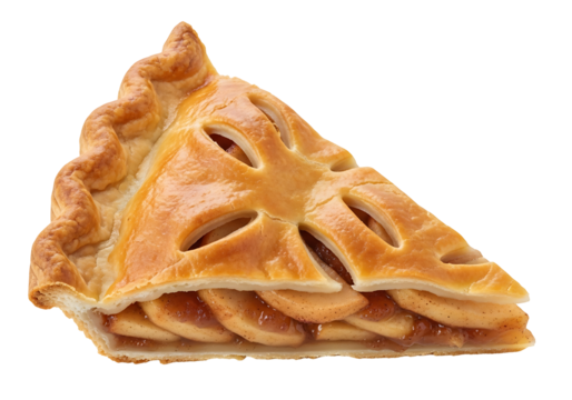 A delectable slice of golden  pie, showcasing a detailed lattice top crust and spiced filling.