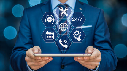 Professional customer service support with 24/7 availability and global reach on tablet