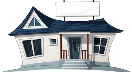 Whimsical cartoon house with a blank sign, isolated on white background