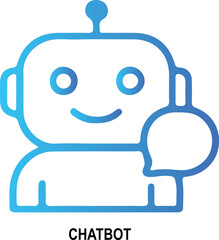“Chatbot Mascot” – Gradient Blue Icon Featuring Smiling Robot Face with Speech Bubble and Bold Typography for Conversational Branding and Modular Merch