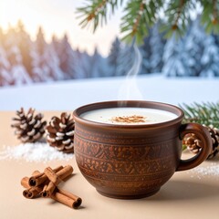Generated image Warm Milk in Wooden Mug with Snowy Pine Cones and Cinnamon Sticks on Beige Surface