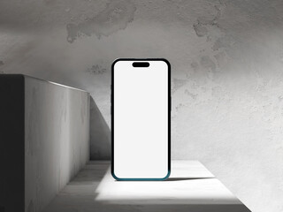 Phone mockup on a cement surface with soft shadows and minimalist background.