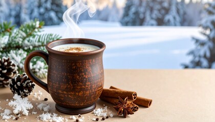 Generated image Warm Milk in Wooden Mug with Snowy Pine Cones and Cinnamon Sticks on Beige Surface