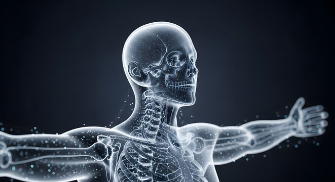 Health data visualization: a human body with biometric data overlays and medical analyses. Photorealistic, HD.