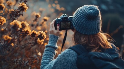 Woman photographing wildflowers in a natural setting.