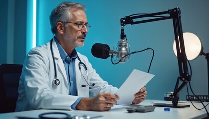 Doctor in white coat records podcast with professional microphone, stethoscope. Medical professional speaks into mic, holds paper with notes. Modern audio equipment in studio setting. Healthcare