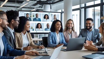Virtual Meeting Synergy: A dynamic in-person team and virtual participants collaborate in a modern office setting, focused on an interactive video conference, fostering unity and brainstorming ideas.