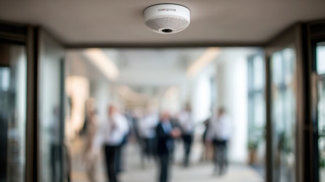 Focused view of infrared occupancy sensor above a doorway hallway and blurred employees in background representing entryexit realtime monitoring.