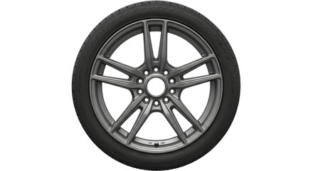 Obraz premium A detailed front view of a modern, sporty alloy car wheel with a black tire, isolated on a clean white background, showcasing its intricate spoke design and performanceoriented features