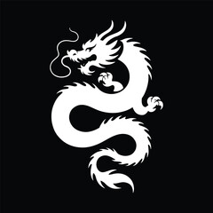 A powerful white silhouette of a traditional Chinese dragon on a black background. An asian mythology tattoo vector illustration