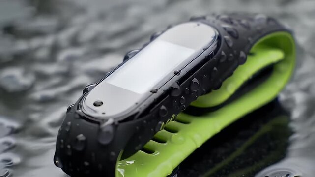 Wet fitness tracker with black and green band sits on textured gray surface