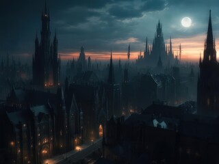 A dark, gothic cityscape with towering spires and a full moon in the night sky.