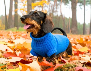 Generated image Wirehaired Dachshund in Blue Sweater Amidst Autumn Leaves 