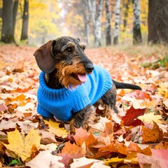 Generated image Wirehaired Dachshund in Blue Sweater Amidst Autumn Leaves 