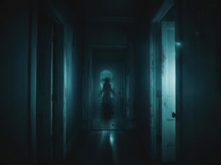 A ghostly figure floats down a dimly lit, long, and eerie hallway.
