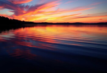Fototapeta premium Serene sunset paints the calm lake surface, vibrant hues reflecting on still water, aesthetic, graphic