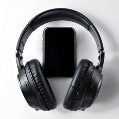Black Wireless Headphones with Smartphone on White Background – Modern Audio Technology, AI Generated