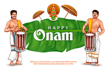 Fototapeta na wymiar Keralite men playing traditional drum on background for Happy Onam festival of South India Kerala