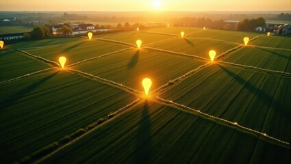 Connected Agriculture Smart Farming Network on Green Fields at Sunset Aerial View