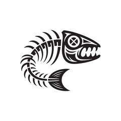 A tribal-style black and white fish skeleton icon. A stylized artistic design for a logo or tattoo art vector illustration