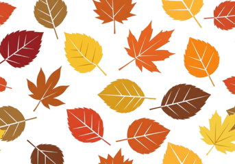 A cheerful autumnal pattern design features various leaf shapes and colors against a dark backdrop.