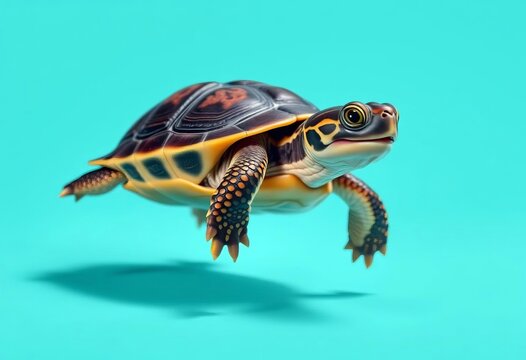 Smiling red-eared slider turtle levitates, casting a defined shadow on a teal background  Humorous, whimsical pet reptile image, turtle,  floating
