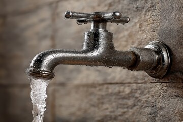 Close-up of water flowing from a chrome tap against a rustic stone wall