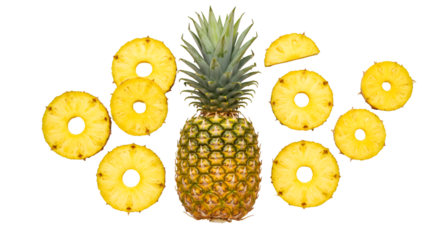 A whole pineapple surrounded by pineapple rings against a black background in studio light isolated on transparent white background]