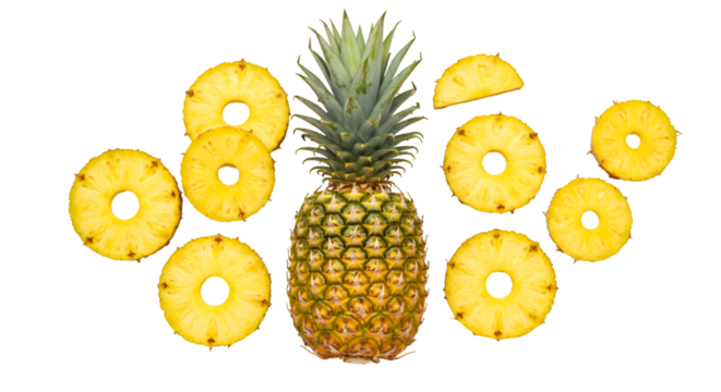 A whole pineapple surrounded by pineapple rings against a black background in studio light isolated on transparent white background]